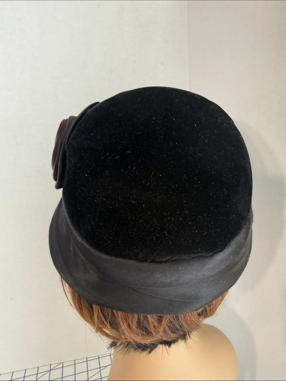 Vintage 1960s Black Velvet Hat Satin Roses Union Made Mod Cloche